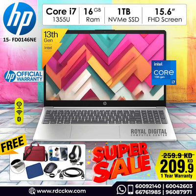Laptop HP FD0146NE | Intel Core i7-1355U Processor | 16 GB DDR4 RAM | Storage 1TB NVME SSD | Intel® Iris® Xe Graphics | Display 15.6 Inches FHD | Color Natural Silver | DOS - No Windows | 1 Year Warranty
