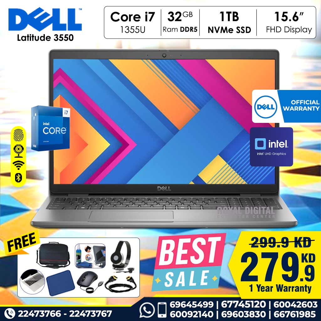 ديل لاتيتيود 3550 الجيل الثالث عشر كور i7-1355U 32 جيجابايت رام 1 تيرابايت NVMe SSD 15.6 بوصة FHD