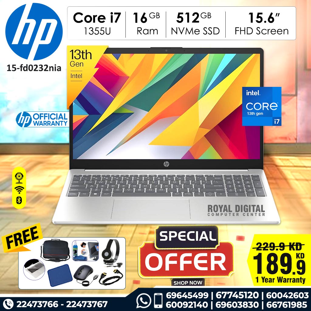 HP Laptop 15-fd0232nia - core i7 1335U 13th Gen 16GB Ram 512 NVMe SSD 15.6inch FHD Display