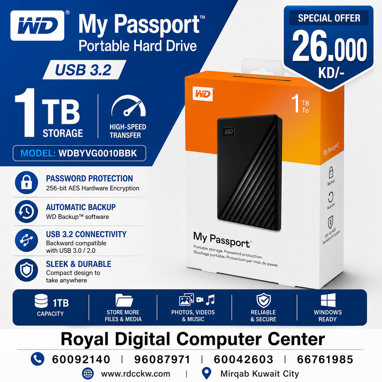 WD My Passport 1 TB Portable Hard Drive USB 3.2 WDBYVG0010BBK-Black