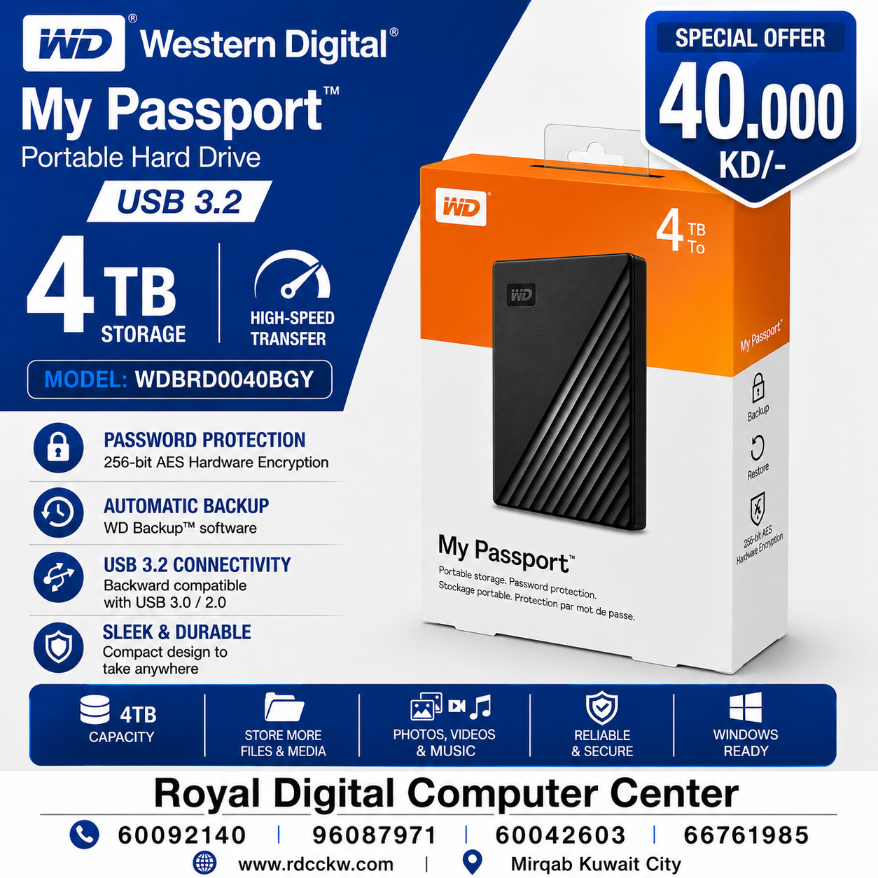 WD My Passport 4TB Portable Hard Drive USB 3.2 WDBRD0040BGY-WESN Black