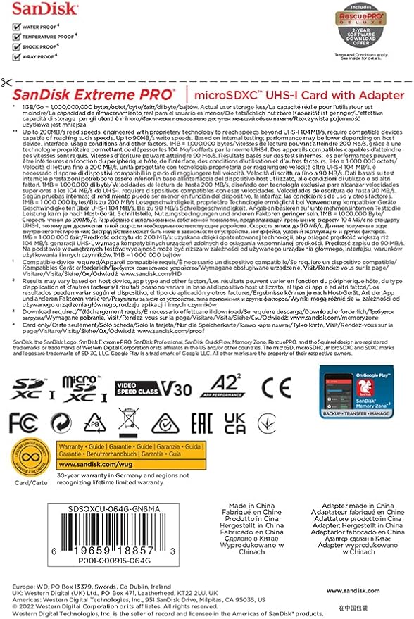 SanDisk 64GB Extreme PRO microSDXC Card + SD Adapter + RescuePro Deluxe, up to 200 MB/s, with A2 App Performance, for Smartphones, Action Cameras or Drones UHS-I Class 10 U3 V30