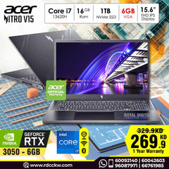 Gaming Laptop Acer Nitro V15 Core i7 -13620H | 16GB RAM | 1TB SSD | Nvidia RTX3050 6GB VGA | 15.6inch FHD 144Hz
