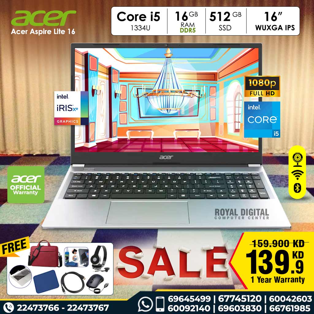 Acer Aspire Lite 16 | Intel Core i5 1334U / 16 جيجابايت DDR5 / 512 جيجابايت / 16 بوصة / ضمان لمدة عام