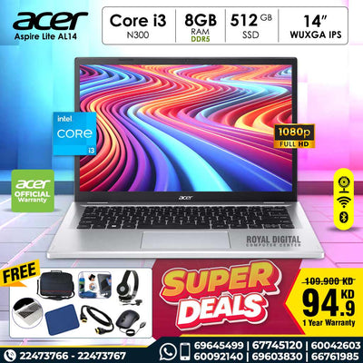 Acer Aspire Lite AL14-31P-34U9 Notebook Silver, Intel Core i3-N300 | 8 GB DDR5 | 512 GB SSD | DOS (NX.KS9EM.004)
