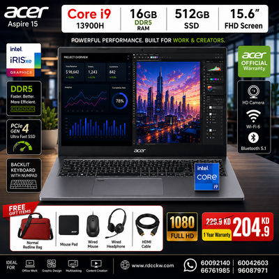 Acer Aspire 15 – Extreme Performance Intel Core i9- 13900H | 16GB DDR5 | 512GB NVMe | 15.6" FHD IPS | Backlit Keyboard | Fingerprint Reader