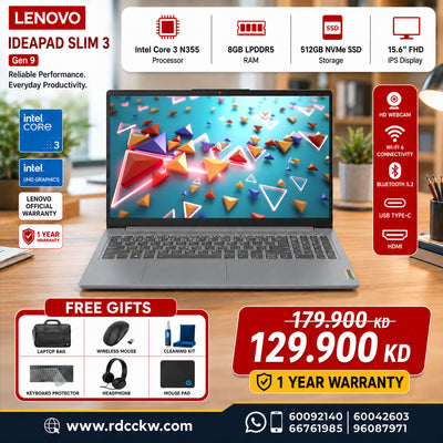 Laptop Lenovo IdeaPad Slim 3 Gen 9 | Intel® Core 3 N355 Processor | 8GB Ram DDR5 | Storage 512GB (NVMe M.2 SSD) | Win 11 Home | Arabic/English | Color Arctic Grey | 1 Year Warranty | 83L70011AX