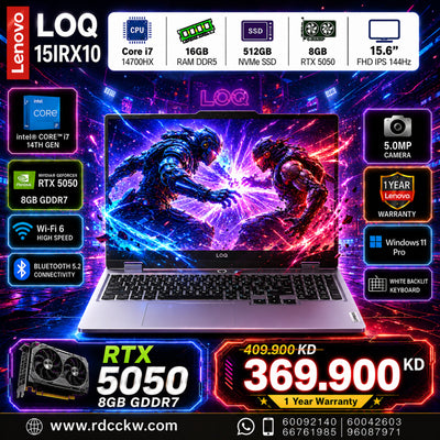 Gaming Laptop Lenovo Loq 15IRX10 | Intel Core i7-14700HX Processor | Ram 16GB DDR5 | Storage 512GB NVMe SSD | NVDIA RTX 5050 8GB VGA | Display 15.6" FHD IPS 144Hz | White Backlit Keyboard | Color Luna Grey | 1 Year Warranty