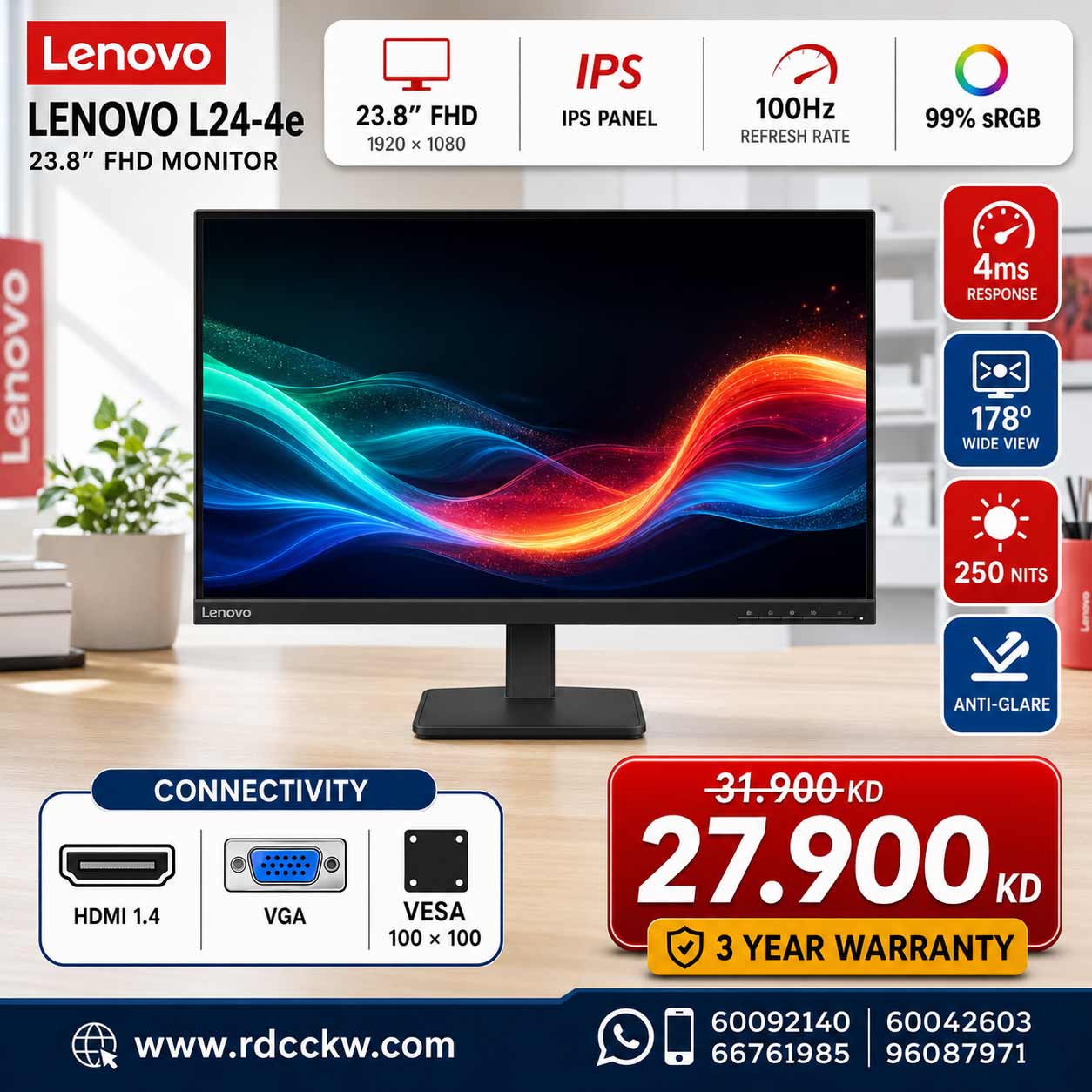 Lenovo L24-4e - 23.8" FHD IPS Anti-Glare | 4ms | Up to 100Hz | D-Sub | HDMI 1.4 | Raven Black - Monitor | 3 Year Warranty