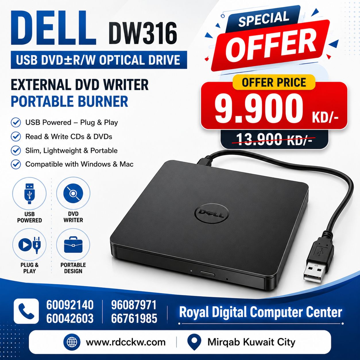 Dell DW316 USB DVD±R/W Optical Drive External DVD Writer Portable Burner