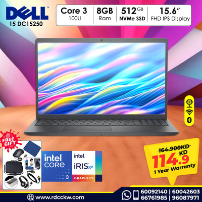 Laptop Dell 15 DC15250 | Intel Core 3 100U Processor | Ram 8GB DDR4 | Storage 512GB NVMe SSD | Intel Integrated VGA | Display 15.6 inch FHD 120Hz | Color Dark Grey | 1 Year Warranty