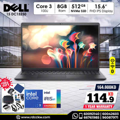 Laptop Dell 15 DC15250 | Intel Core 3 100U Processor | Ram 8GB DDR4 | Storage 512GB NVMe SSD | Intel Integrated VGA | Display 15.6 inch FHD 120Hz | Color Dark Grey | 1 Year Warranty