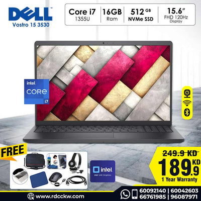 Laptop Dell Vostro 15 3530 | Intel Core i7- 1355U Processor | Ram 16GB DDR4 | Storage 512GB NVMe SSD | Storage 15.6 inch FHD 120Hz | Intel UHD Graphics | Color Dark Grey | 1 Year Warranty