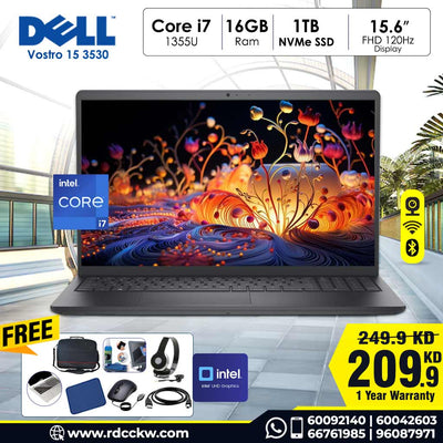 Laptop Dell Vostro 15 3530 | Intel Core i7- 1355U Processor | 16GB RAM DDR4 | Storage 1TB SSD NVMe | Intel UHD VGA | Display 15.6 inches | FHD 1920 x 1080, 120 Hz | English Keyboard | Color Dark Grey | DOS | 1 Year Warranty