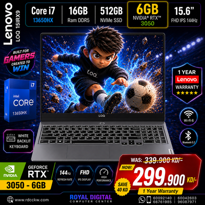 Gaming Laptop Lenovo Loq 15IRX9 | Intel Core i7-13650HX Processor | Ram 16GB DDR5 | Storage 512GB SSD NVMe | NVIDIA GeForce RTX 3050 6GB | Display 5.6" FHD IPS 144Hz | Color Luna_Grey | 1 Year Warranty