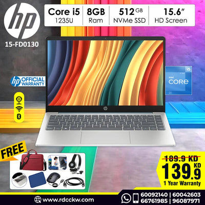 لابتوب HP 15-FD0130 | معالج Intel Core i5-1235U | ذاكرة وصول عشوائي (RAM) سعة 8 جيجابايت DDR4 | سعة تخزين 512 جيجابايت NVMe SSD | معالج رسومات مدمج من Intel | شاشة عالية الدقة مقاس 15.6 بوصة | لون فضي طبيعي | نظام التشغيل Windows 11 Home | ضمان لمدة عام