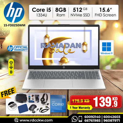 Laptop HP 15-FD0250WM | Intel Core I5-1334U Processor | Ram 8GB DDR4 | Storage 512GB NVMe SSD | Intel® Iris® Xe Graphics | Display 15.6" inch FHD | Windows 11 Home | Color Silver | 1 Year Warranty