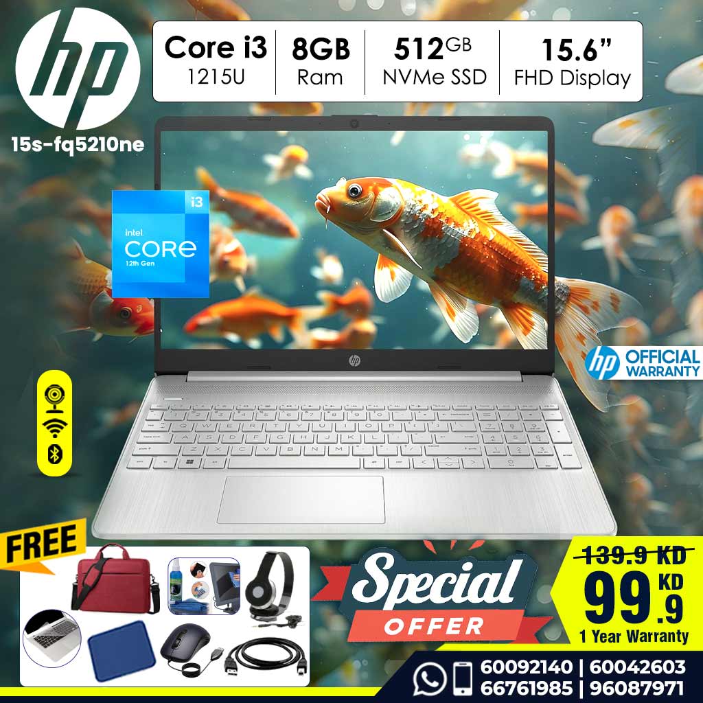 HP Laptop 15s-fq5210ne Intel Core i3- 1215u | 8GB Ram | 512 GB SSD | 15.6 FHD | Dos