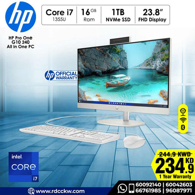 All in One PC | HP Pro One 240 G10 | Intel® Core™ i7-1355U Processor | Ram 16 GB DDR4 | Storage 1TB SSD NVMe | Display 23.8" Diagonal, FHD (1920 x 1080), IPS | Intel Iris X Graphics | DOS | 1 Year Warranty 254.900 KD