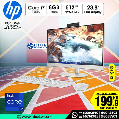 All in One PC | HP Pro One 240 G10 | Intel® Core™ i7-1355U Processor | 8GB RAM DDR4 | Storage 512 GB SSD NVMe | 23.8" Inches FHD | White Color | HP Wired USB Keyboard and Mouse | DOS - No Windows | 1 Year Warranty