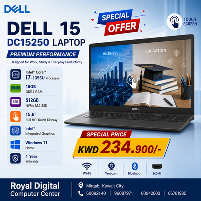 Dell 15 DC15250 Touch | Intel 1355U i7 |16GB | Storage 512GB SSD) | Intel Irish Xe | Display 15.6 FHD Touch | Win 11 Home | Color Black | 1YW - Laptop