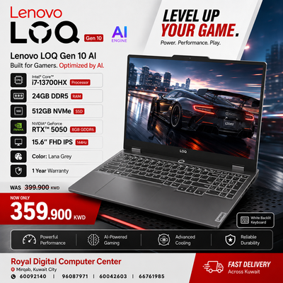 Laptop Laptop Lenovo LOQ Gen 10 AI | Intel Core i7-13700HX Processor | Ram 24GB DDR5 | Storage 512GB NVMe | NVIDIA RTX5050 8GB | Display 15.6FHD IPS 144Hz | Color Lana Grey | 1 Year Warranty