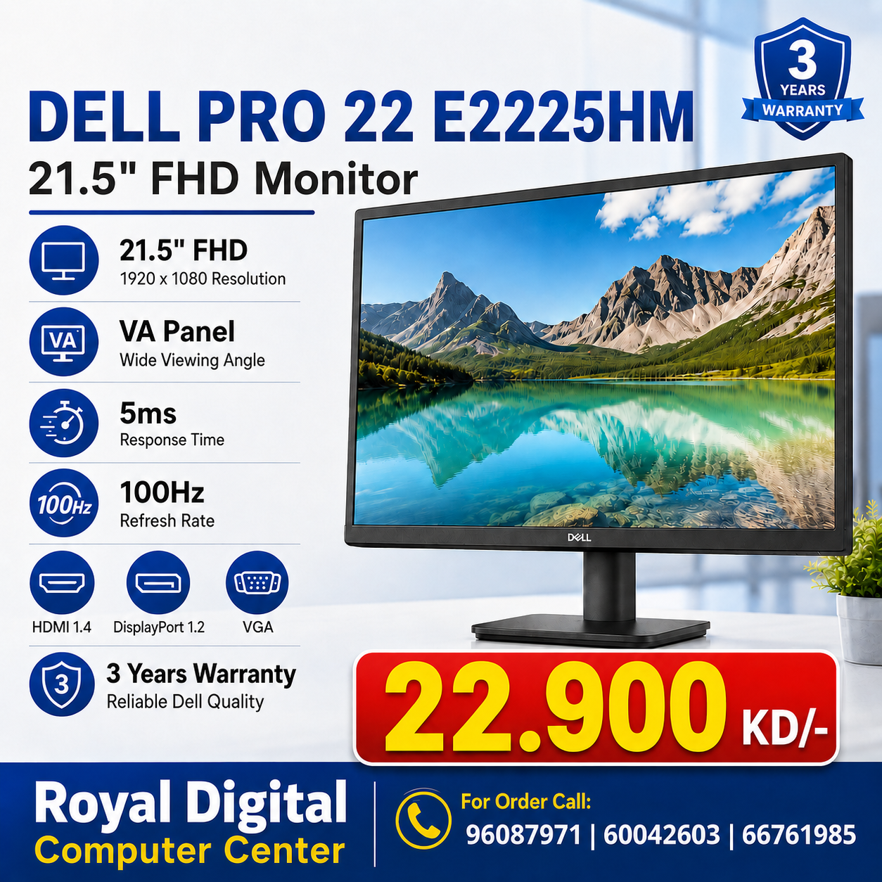 Led Dell Pro 22 E2225HM - 21.5" FHD VA | 5ms | 100Hz | HDMI 1.4 | DisplayPort 1.2 | VGA | 3YW - Monitor