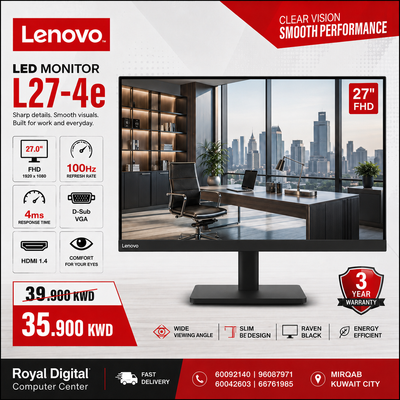Led Lenovo L27-4e - 27.0" FHD | 4ms | 100Hz | D-Sub | HDMI 1.4 | Raven Black | 3Year Warranty