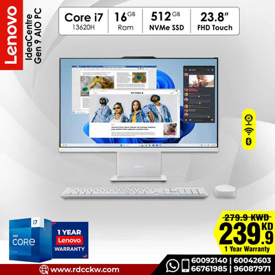 All In One PC | Lenovo Idea Centre Gen 9 AIO PC | Intel Core i7-13620H | 16 GB RAM DDR5 | 512 GB NVMe SSD | 23.8" FHD Touch | DOS | English Keyboard | Cloud Grey | 1 Year Warranty
