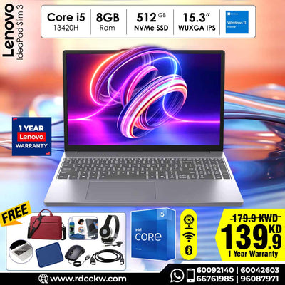 Laptop Lenovo IP Slim3 | Intel Core i5 13420H Processor | Ram 8GB DDR5 | Storage 512GB SSD NVme | Integrated Intel UHD Graphics | Display 15.3" inch WUXGA | Color Luna Grey | 1 Year Warranty