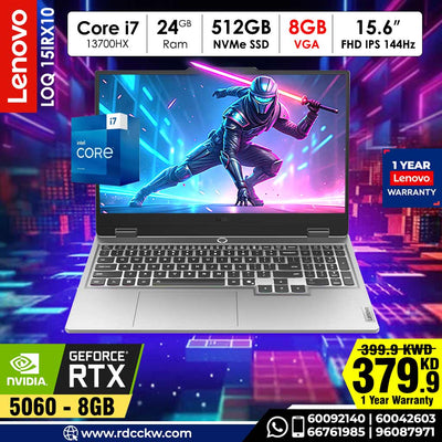 لابتوب ألعاب لينوفو LOQ 15IRX10 | معالج Intel Core i7-13700HX | ذاكرة وصول عشوائي (RAM) سعة 24 جيجابايت | قرص SSD سعة 512 جيجابايت | شاشة 15.6 بوصة عالية الدقة (FHD) بتردد 144 هرتز | بطاقة رسومات VGA سعة 8 جيجابايت (5060)