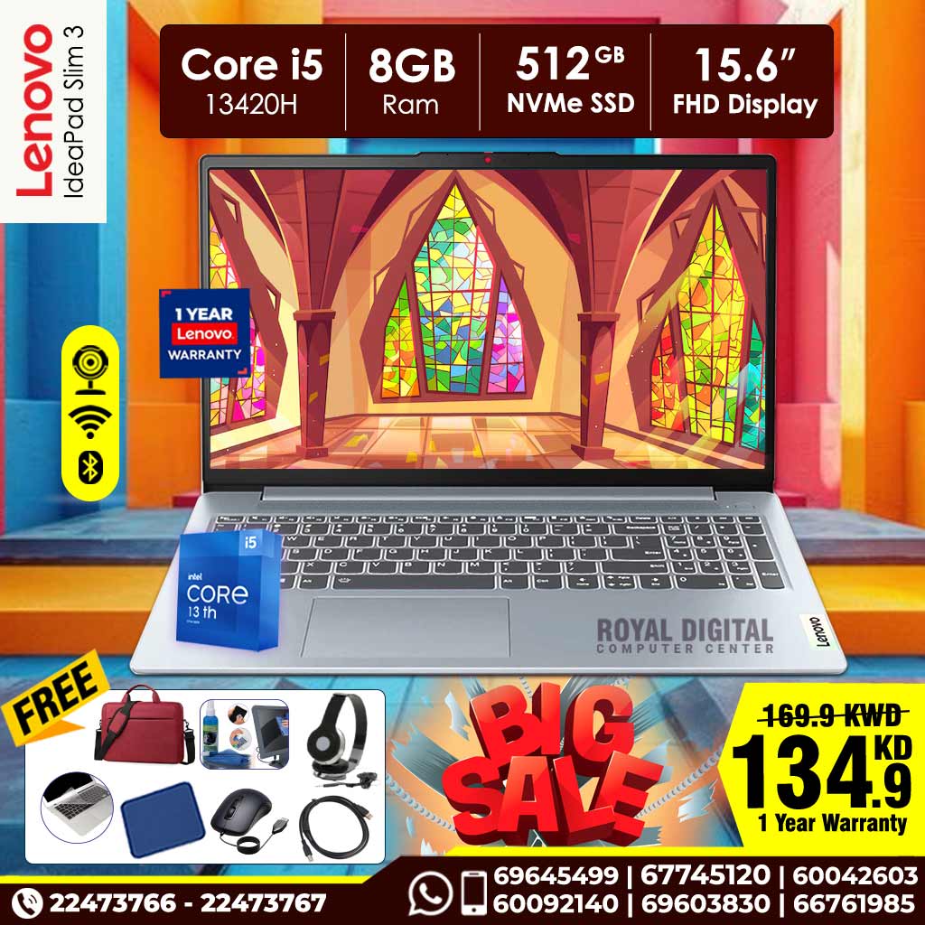 Lenovo IdeaPad Slim 3 Core i5 13420H 13th gen 8GB Ram 512GB NVMe SSD 15.6inch Full HD