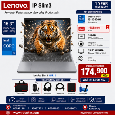 Laptop Lenovo IP Slim3 | Intel Core i5 13420H Processor | Ram 16GB DDR5 | Storage 512GB SSD NVme | Integrated Intel UHD Graphics | Display 15.3" inch WUXGA | Color Luna Grey | 1 Year Warranty