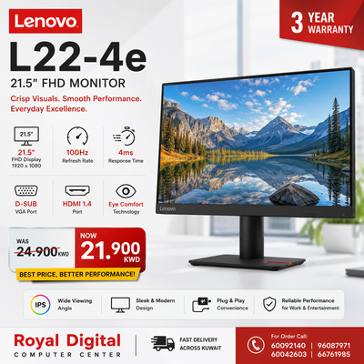 Lenovo L22-4e - 21.5" FHD | 4ms | 100Hz | D-Sub | HDMI 1.4 | Monitor | 3 Year Warranty