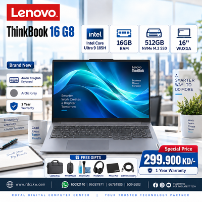 Lenovo ThinkBook 16 G8 | Intel Ultra 9 185H Processor | Ram 16GB DDR5 | Storage 512GB NVMe M.2 SSD | 1 year Warranty | Arabic/English | Arctic Grey