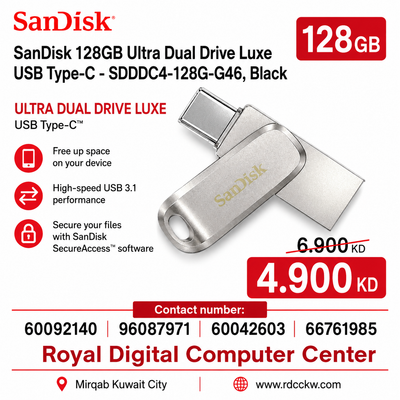 محرك أقراص SanDisk Ultra Dual Drive Luxe USB Type-C سعة 128 جيجابايت - SDDDC4-128G-G46، أسود