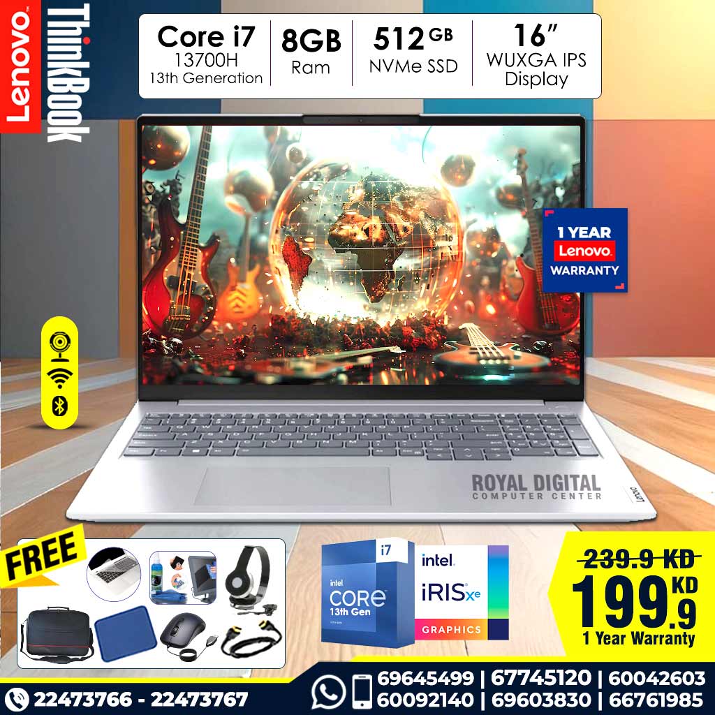 لينوفو ثينك بوك 16 الجيل السادس | معالج إنتل كور I7 13700H | ذاكرة وصول عشوائي DDR5 سعة 8 جيجابايت | قرص SSD NVMe سعة 512 جيجابايت | 16