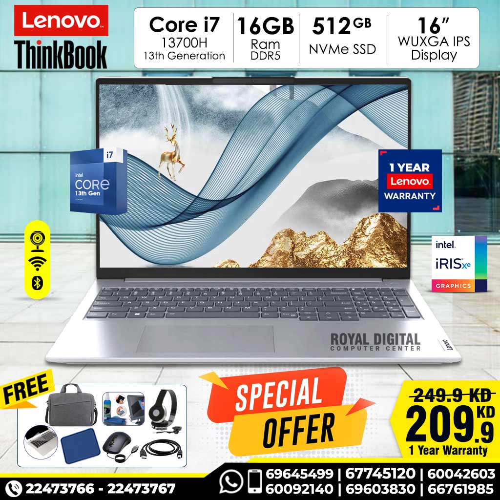 لينوفو ثينك بوك 16 الجيل السادس | معالج إنتل كور I7 13700H | ذاكرة وصول عشوائي DDR5 سعة 16 جيجابايت | قرص SSD NVMe سعة 512 جيجابايت | 16