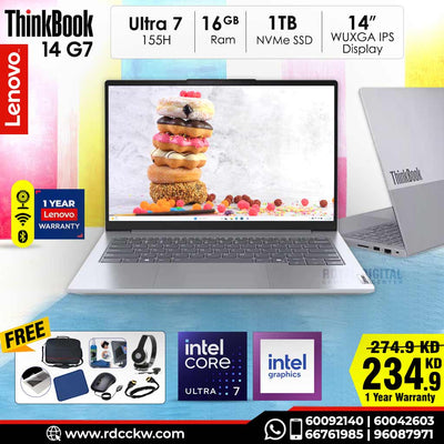 Laptop Lenovo ThinkBook 14 G7 AI PC | Intel Core Ultra 7 155H Processor | 16 GB RAM DDR5 | Storage 1TB NVMe SSD | Integrated Intel Arc Graphics | Display 14.0" WUXGA (1920 x 1200), IPS | Color Arctic Grey | Dos - Windows | 1 year warranty