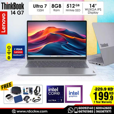 Laptop Lenovo ThinkBook 14 G7 AI PC | Intel Core Ultra 7 155H Processor | 8GB RAM DDR5 | Storage 512GB NVMe SSD | Integrated Intel Arc Graphics | Display 14.0" WUXGA (1920 x 1200), IPS | Color Arctic Grey | Dos - Windows | 1 year warranty