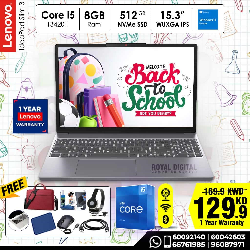 Lenovo IdeaPad Slim 3, 15 inch, Intel Core i5, 8GB RAM 512GB SSD, Windows 11 Home - Grey