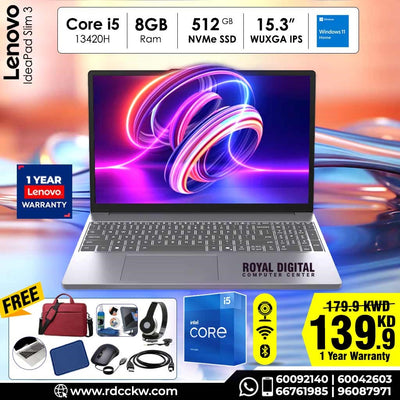 Laptop Lenovo IdeaPad Slim 3 15IRH10 | Intel Core i5 - 13420H Processor | 8GB RAM DDR5 | Intel UHD Graphics | 512 GB SSD NVMe | 15.3 WUXGA IPS Display | ENG & ARB | Luna Grey | DOS | 1 Year Warranty