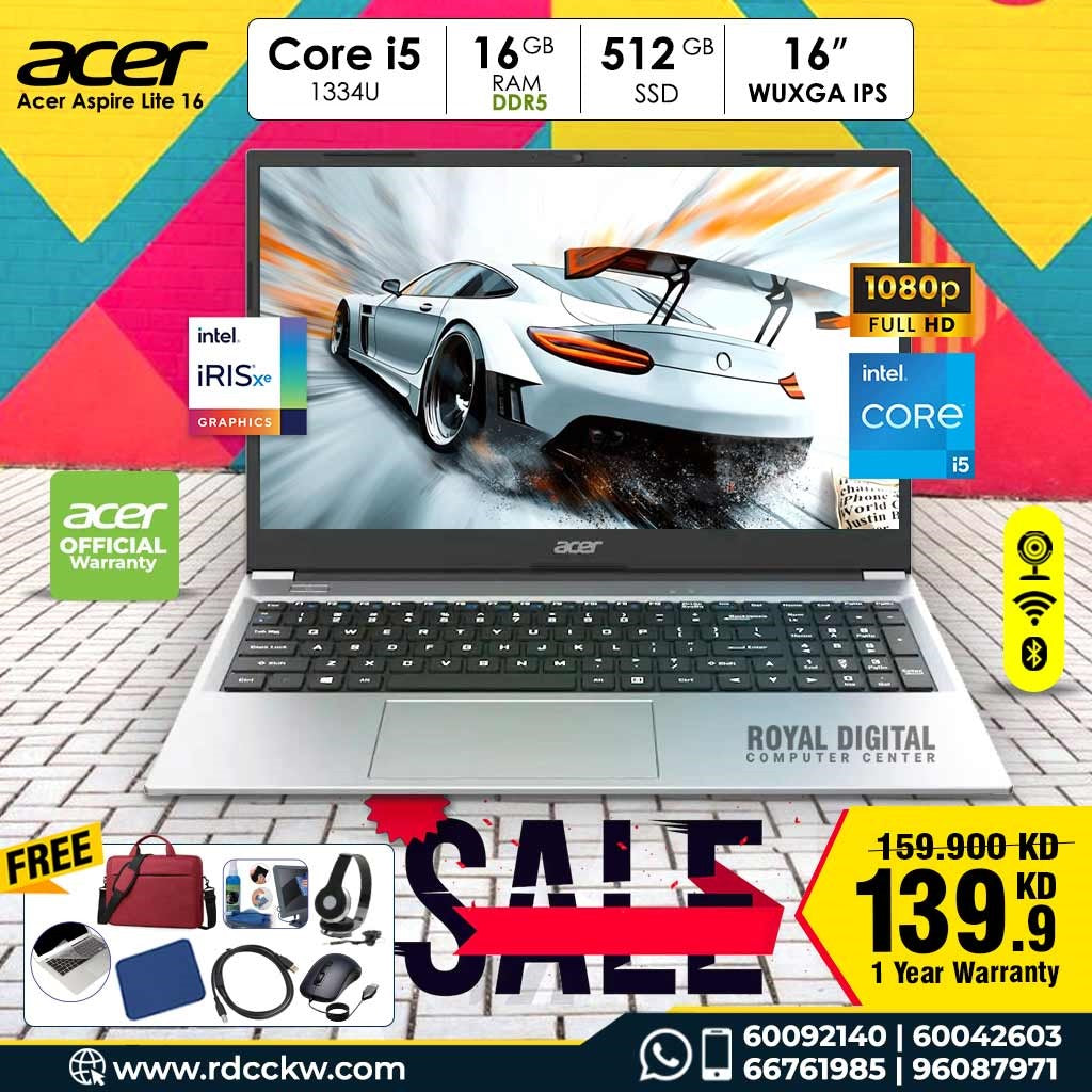 Acer Aspire Lite 16 | Intel Core i5 1334U / 16 جيجابايت DDR5 / 512 جيجابايت / 16 بوصة / ضمان لمدة عام