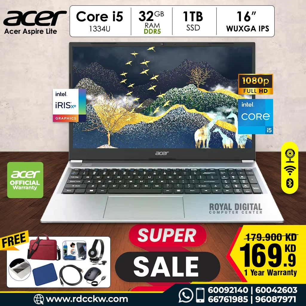 Laptop Acer Aspire Lite | Intel Core i5-1334U | 32GB Ram DDR5 | 1TB SSD | Intel UHD Graphic | 16" WUXGA IPS | Light Silver