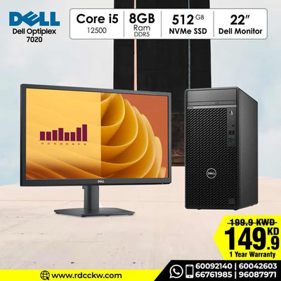 Desktop PC with Monitor, Dell Optiplex 7020, Intel Core i5-12500 Processor, 8GB Ram DDR5, Storage 512FB SSD NVMe, DVD RW, DOS, Display 22 inches, 1 Year warranty