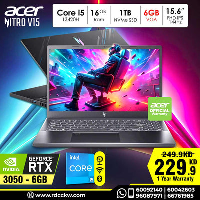 Gaming Laptop Acer Nitro V 15 | Intel Core i5-13420H | 16GB RAM DDR5 | Storage 1TB SSD NVMe | NVIDIA GeForce RTX 3050 6GB | Display 15.6" FHD 1920 X 1080 IPS 144Hz | Color Black | DOS | 1 Year Warranty