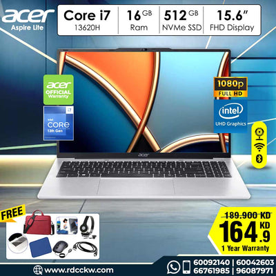 Laptop Acer Aspire Lite | Intel Core i7-13620H Processor | Ram 16GB DDR5 | Storage 512 SSD NVMe | Display 15.6 FHD | Color Silver | DOS | 1 Year Warranty