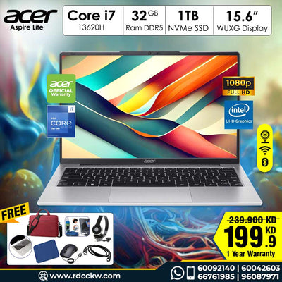 Laptop Acer Aspire Lite | Intel Core i7-13620H Processor | Ram 32GB DDR5 | Storage 1 TB SSD NVMe | Display 15.6 FHD | Color Silver | DOS | 1 Year Warranty