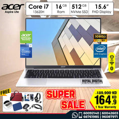 Laptop Acer Aspire Lite | NX.D5HEM.001 |  Intel® Core™ i7-13620H Processor | 16GB DDR5 | 512 GB NVMe SSD | 15.6-inch Full HD | Silver | 1 Year Warranty