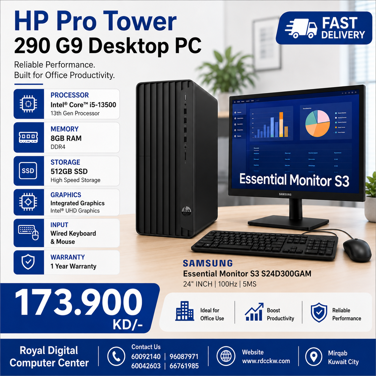 HP Pro Tower 290 G9 Desktop PC | Intel Core i5-13500 | 8GB Ram | 512GB SSD | Integrated Graphic | Display 24 inch Samsung | Wired Keyboard & Mouse | 1 Year Warranty